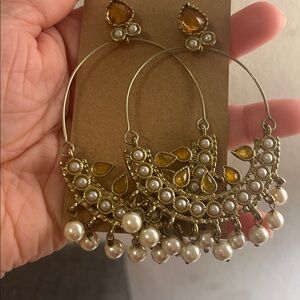 Gold Pearl Teardrop Hoop Earrings with Amber Accents